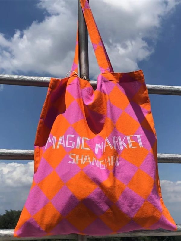Summer Canvas Tote Bag with Pink Orange Diamond Pattern - Large Capacity Fashion Commute Bag for Magic Market Style