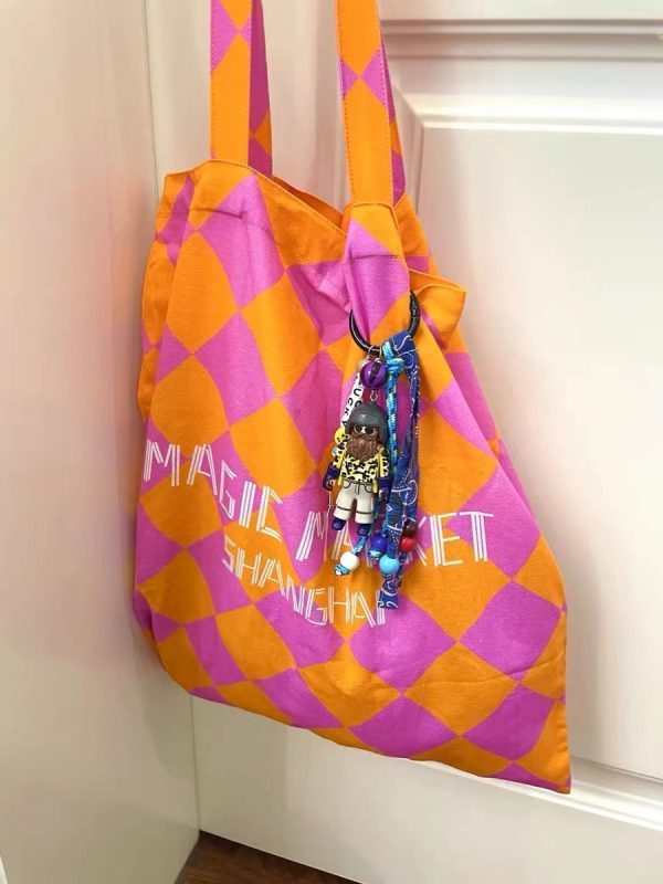 Summer Canvas Tote Bag with Pink Orange Diamond Pattern - Large Capacity Fashion Commute Bag for Magic Market Style