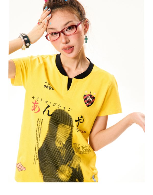 Summer Character Print Short Sleeve T-Shirt for Women - Casual Versatile Yellow Top, Trendy 90s Style