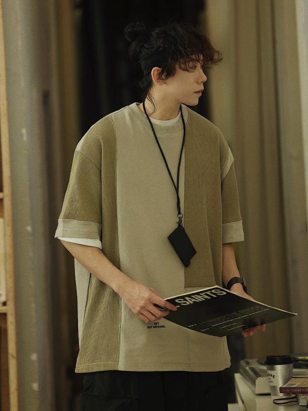 Summer Color-Blocking Design Round Neck Short Sleeve T-Shirt for Men - Trendy Casual Style, Perfect for 90s Aesthetic Fashion