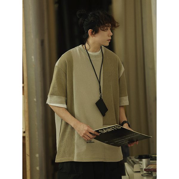 Summer Color-Blocking Design Round Neck Short Sleeve T-Shirt for Men - Trendy Casual Style, Perfect for 90s Aesthetic Fashion