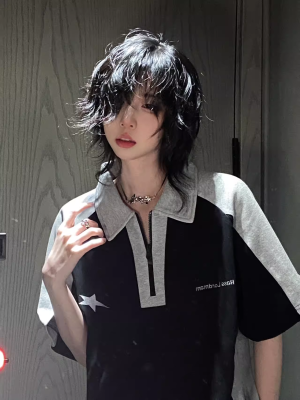 Summer Color-Blocking Short-Sleeve T-Shirt for Women - American College Style Polo Collar Round Neck Heavyweight Top