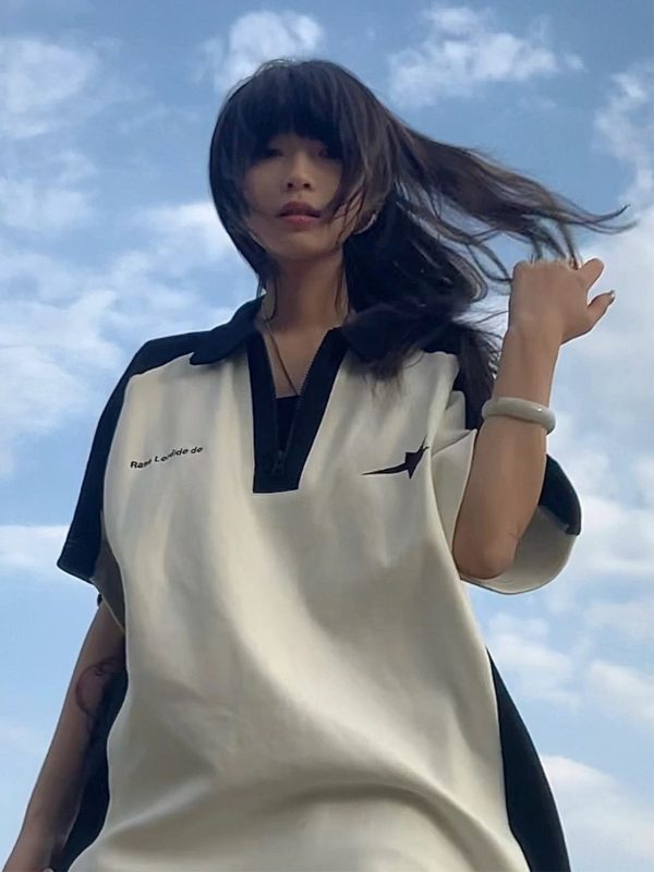Summer Color-Blocking Short-Sleeve T-Shirt for Women - American College Style Polo Collar Round Neck Heavyweight Top