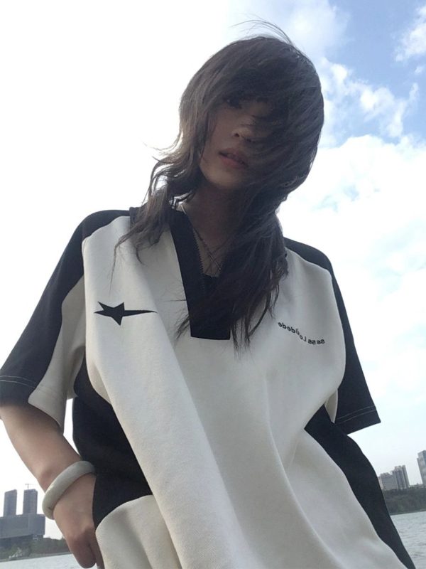 Summer Color-Blocking Short-Sleeve T-Shirt for Women - American College Style Polo Collar Round Neck Heavyweight Top