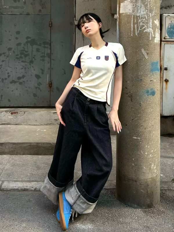 Summer Color-Blocking Spliced Jersey T-Shirt for Women - Retro Short Sleeve Slim Fit V-Neck Cropped Top