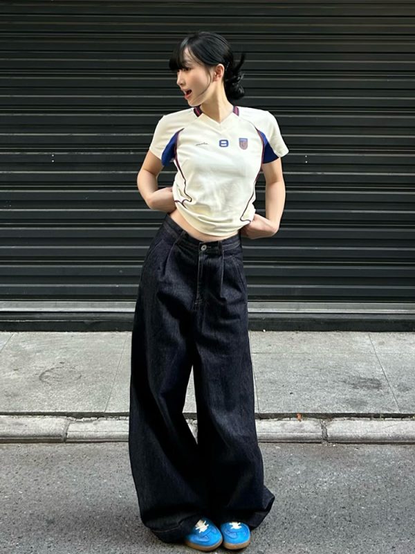 Summer Color-Blocking Spliced Jersey T-Shirt for Women - Retro Short Sleeve Slim Fit V-Neck Cropped Top