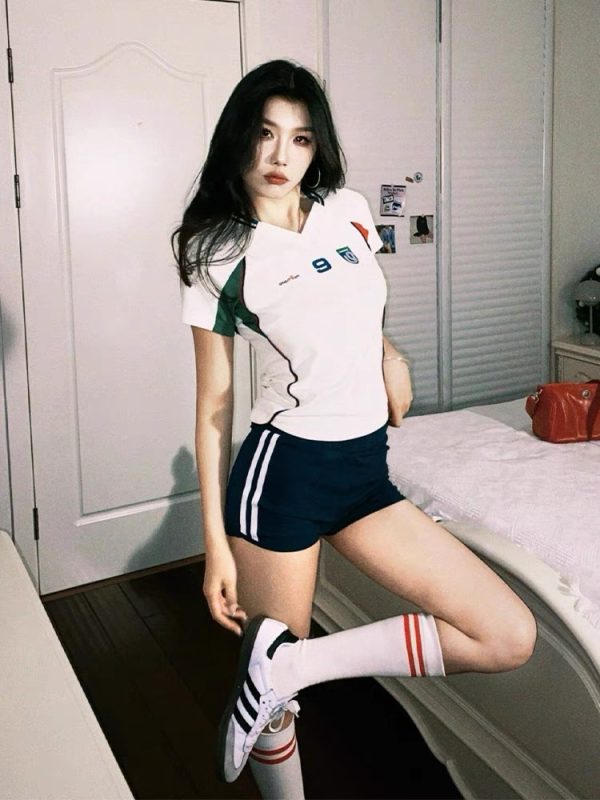 Summer Color-Blocking Spliced Jersey T-Shirt for Women - Retro Short Sleeve Slim Fit V-Neck Cropped Top
