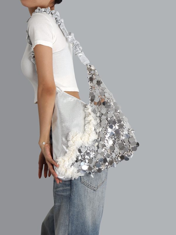 Summer Cute Cat Tote Bag with Silver Sequins - Trendy Large Capacity Shoulder Crossbody Bag
