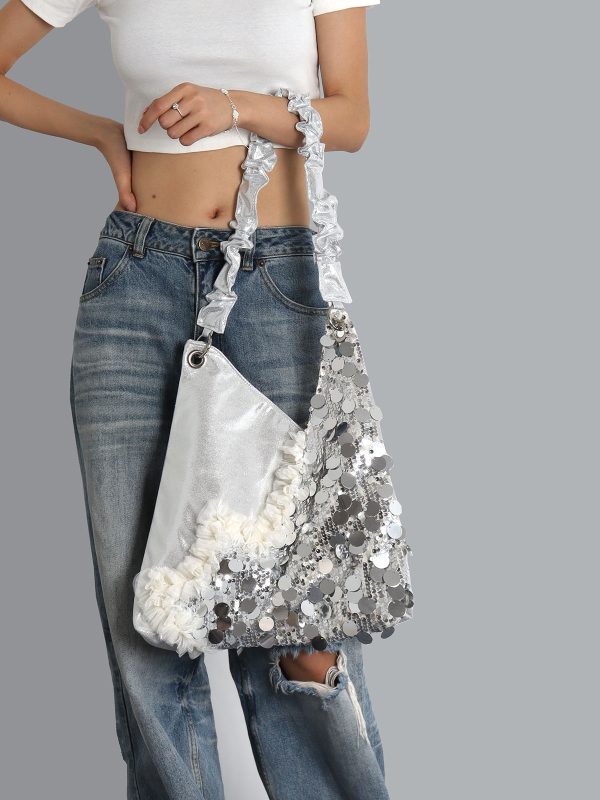 Summer Cute Cat Tote Bag with Silver Sequins - Trendy Large Capacity Shoulder Crossbody Bag
