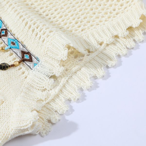 Summer Ethnic Style Knitted Vest with Lace Hollow Design and Bead Tassels - Short Sleeveless Top for Boho and Festival Fashion