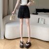 Summer Floral Embroidery Hollow Lace Wide-Leg Short Skirt with Elastic Waist for Beach Vacation Outerwear