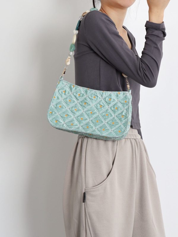 Summer Fresh Retro Green Beaded Crossbody Bag for Women - Artistic Texture Underarm Bag, Original Niche Design