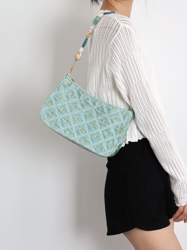 Summer Fresh Retro Green Beaded Crossbody Bag for Women - Artistic Texture Underarm Bag, Original Niche Design