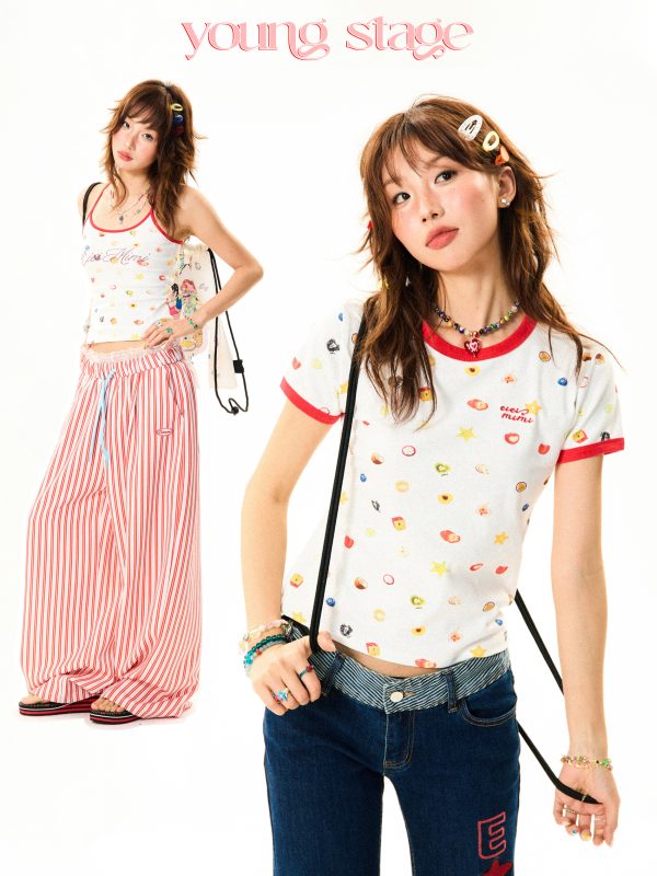 Summer Fruit Print Slim-Fit Camisole for Women - Sweet and Spicy American-Style Short Top, Perfect for 90s and Y2K Fashion