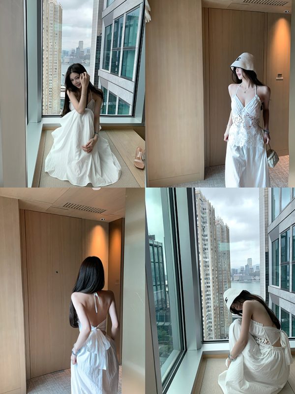 Summer Halter Neck Dress in Jasmine White Tea with Lace Splice - Long Vacation Dress for a Chic 90s Look