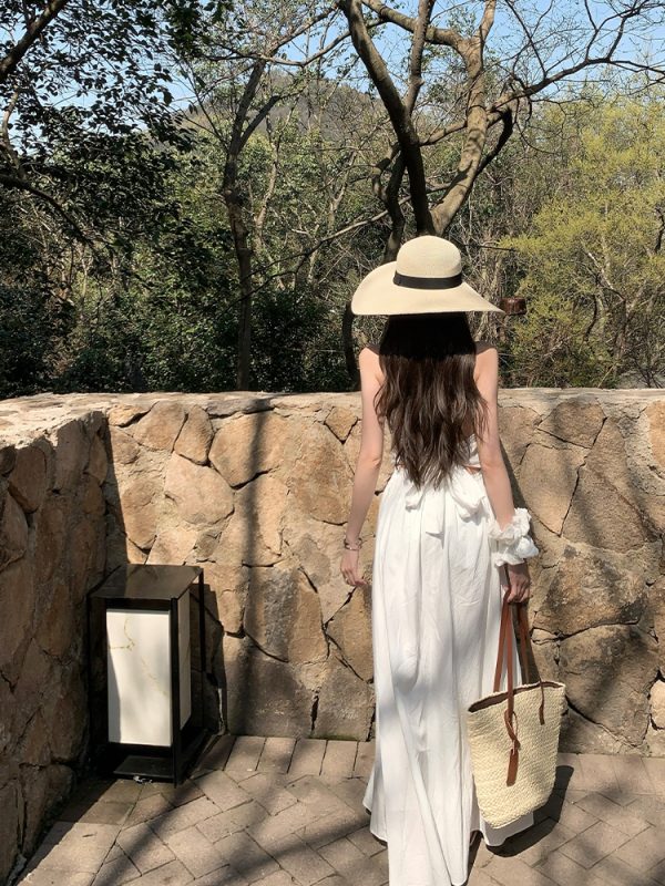 Summer Halter Neck Dress in Jasmine White Tea with Lace Splice - Long Vacation Dress for a Chic 90s Look