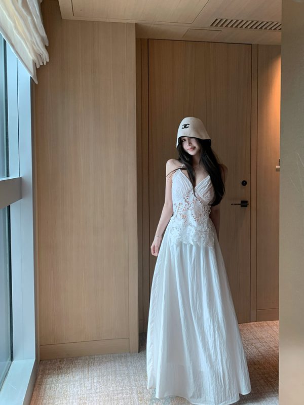 Summer Halter Neck Dress in Jasmine White Tea with Lace Splice - Long Vacation Dress for a Chic 90s Look