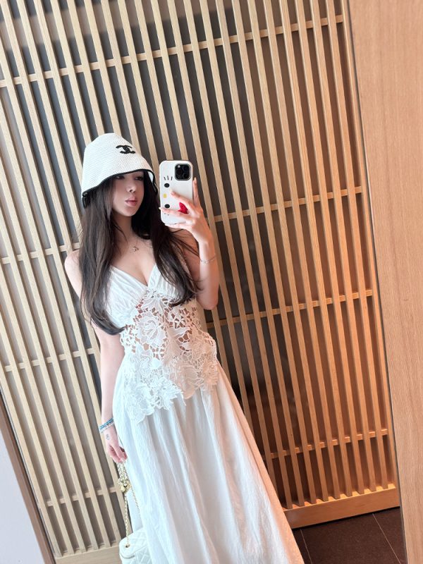Summer Halter Neck Dress in Jasmine White Tea with Lace Splice - Long Vacation Dress for a Chic 90s Look