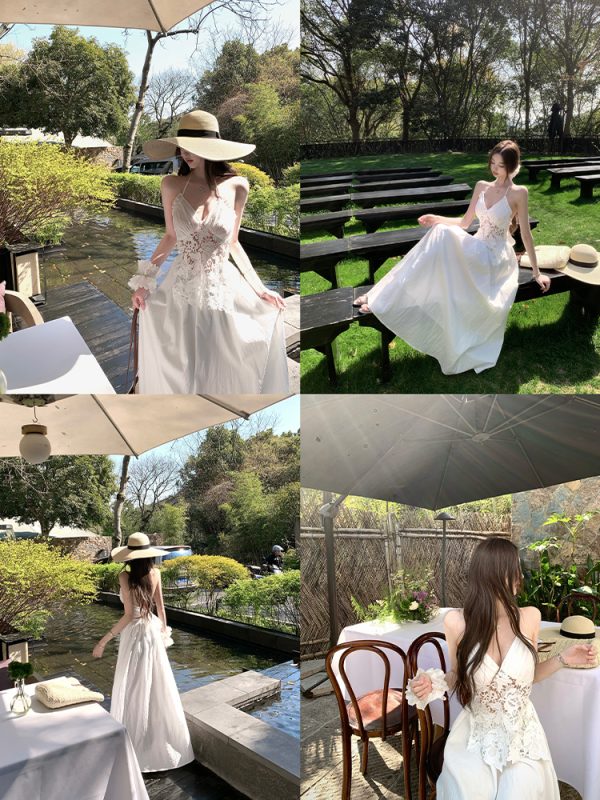 Summer Halter Neck Dress in Jasmine White Tea with Lace Splice - Long Vacation Dress for a Chic 90s Look