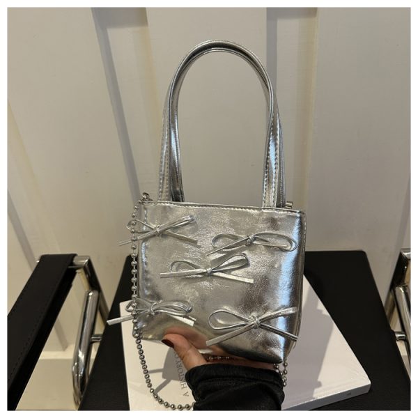 Summer High-End Women's Bucket Handbag with Chain and Silver Bow - Trendy 2025 Fashion Accessory