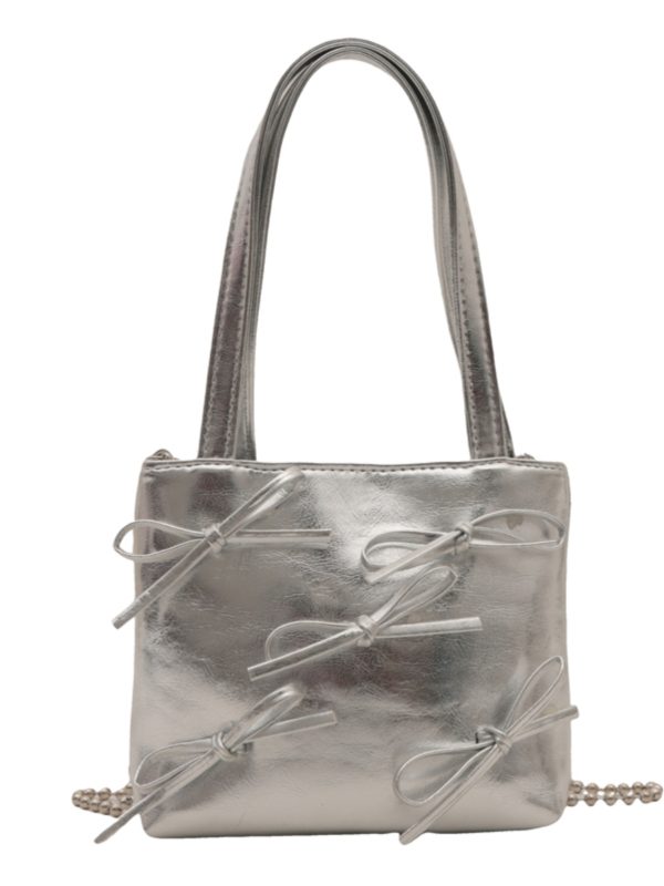 Summer High-End Women's Bucket Handbag with Chain and Silver Bow - Trendy 2025 Fashion Accessory