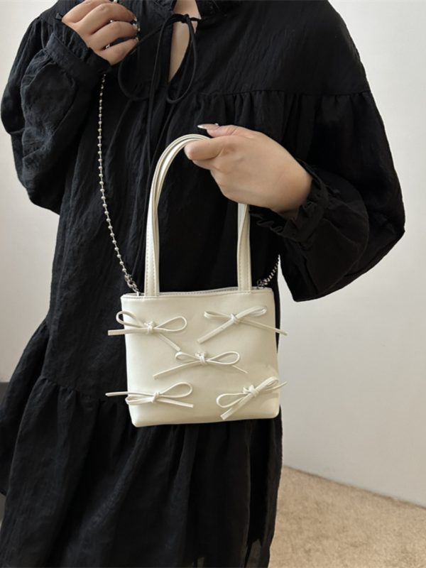 Summer High-End Women's Bucket Handbag with Chain and Silver Bow - Trendy 2025 Fashion Accessory