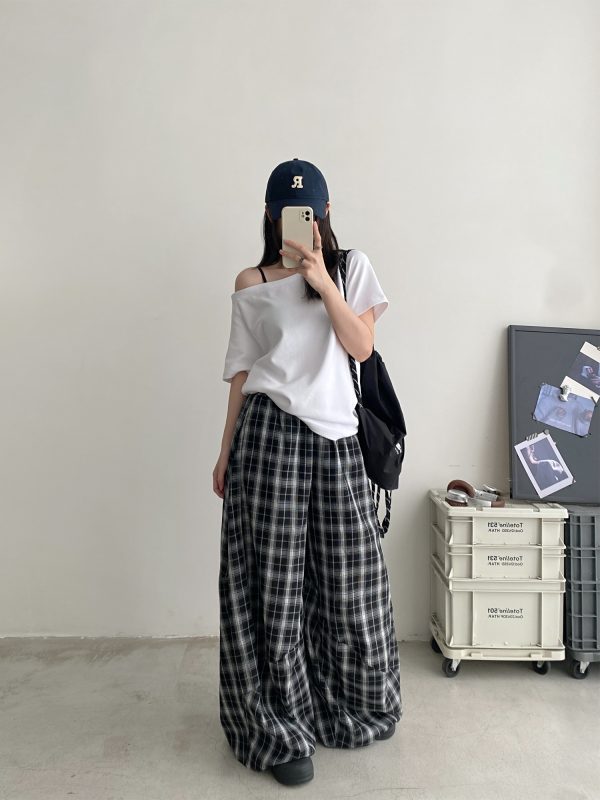 Summer High-Waisted Wide-Leg Checkered Casual Pants for Women - Loose Fit Draping Effect, Straight Leg, Trendy Everyday Style
