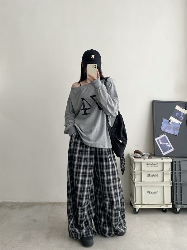 Summer High-Waisted Wide-Leg Checkered Casual Pants for Women - Loose Fit Draping Effect, Straight Leg, Trendy Everyday Style