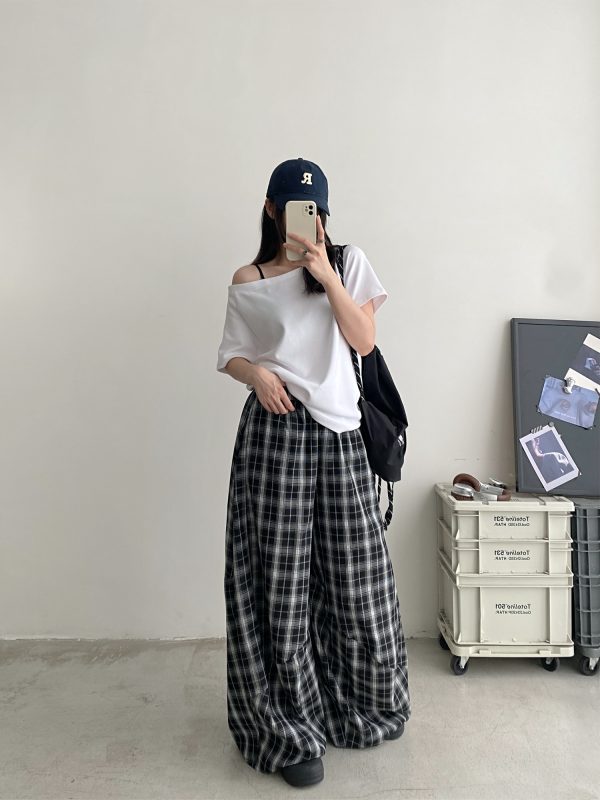 Summer High-Waisted Wide-Leg Checkered Casual Pants for Women - Loose Fit Draping Effect, Straight Leg, Trendy Everyday Style