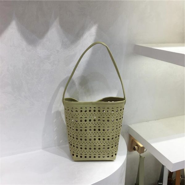 Summer Hollow Carved Design Soft Leather Large Capacity Shoulder Bucket Bag - Trendy Y2K Fashion Accessory