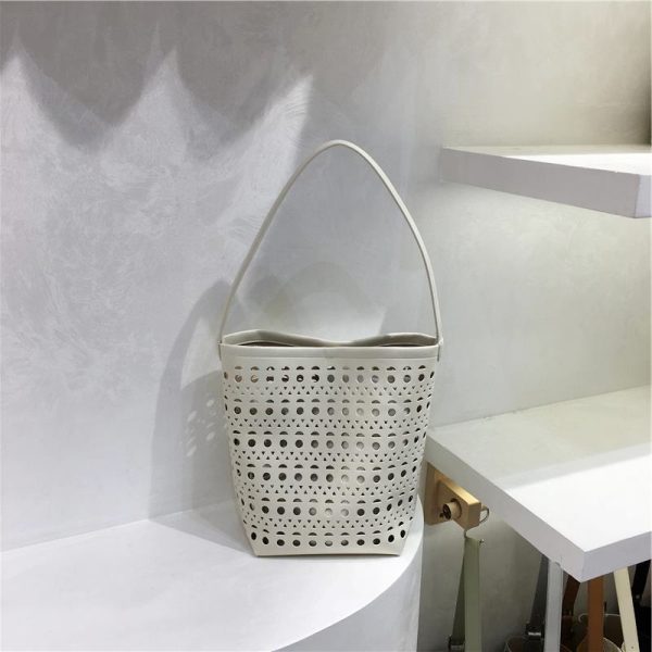 Summer Hollow Carved Design Soft Leather Large Capacity Shoulder Bucket Bag - Trendy Y2K Fashion Accessory