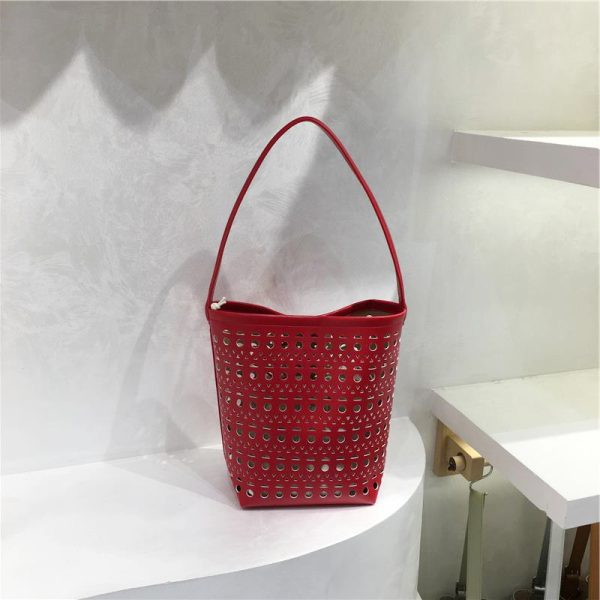 Summer Hollow Carved Design Soft Leather Large Capacity Shoulder Bucket Bag - Trendy Y2K Fashion Accessory