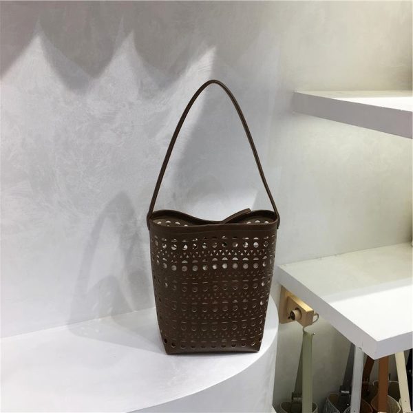 Summer Hollow Carved Design Soft Leather Large Capacity Shoulder Bucket Bag - Trendy Y2K Fashion Accessory