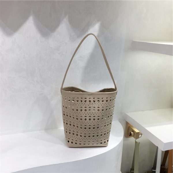 Summer Hollow Carved Design Soft Leather Large Capacity Shoulder Bucket Bag - Trendy Y2K Fashion Accessory