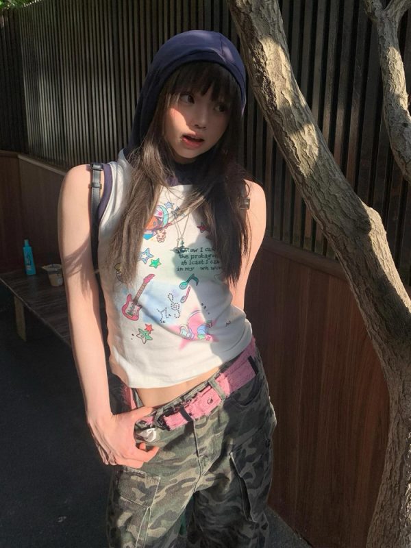 Summer Hooded Sleeveless Vest for Women, Creative Printed Slim Fit T-Shirt, Trendy Cool Style for Girls