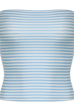 Summer Island Blue Strapless Striped Tank Top for Women, Elastic Wrap, Backless Design, Skin Tone Enhancing, Y2K Style