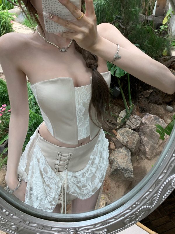 Summer Lace Splicing Fishbone Bustier & Short Skirt Two-Piece Set - Sweet Desire Aesthetic, Perfect for 90s or Y2K Style Outfits