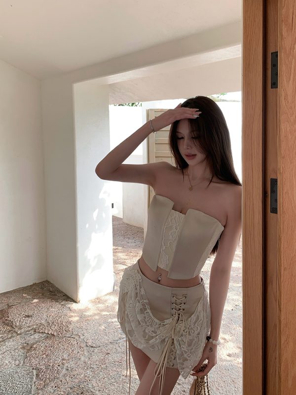 Summer Lace Splicing Fishbone Bustier & Short Skirt Two-Piece Set - Sweet Desire Aesthetic, Perfect for 90s or Y2K Style Outfits