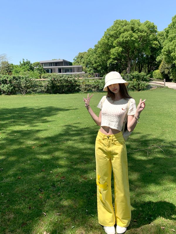 Summer Lemon Yellow Wide-Leg Jeans for Women - Loose Slim Fit Mid-Waist - Trendy Y2K Style