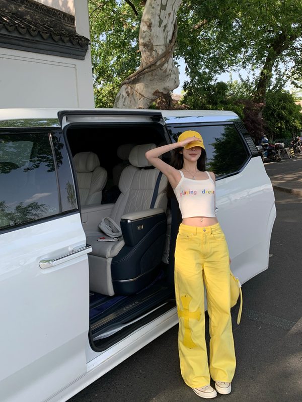 Summer Lemon Yellow Wide-Leg Jeans for Women - Loose Slim Fit Mid-Waist - Trendy Y2K Style