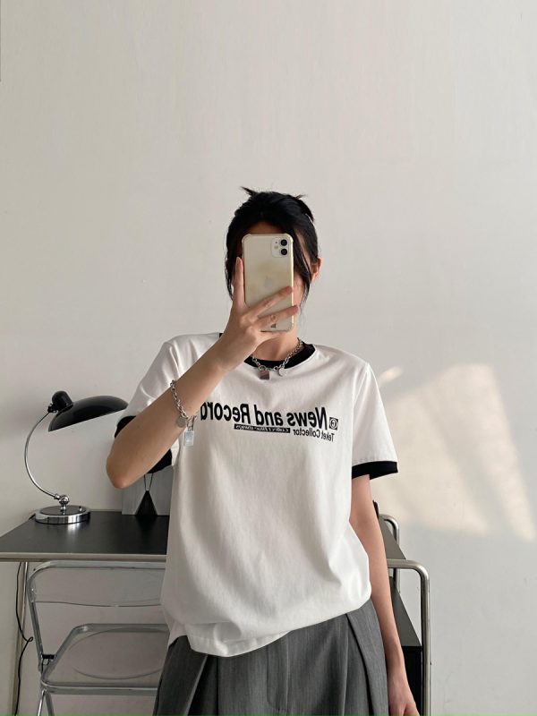 Summer Loose Fit Cotton T-Shirt for Women - Vintage Style Short Sleeve Top with Letter Print - Casual 90s Inspired Fashion
