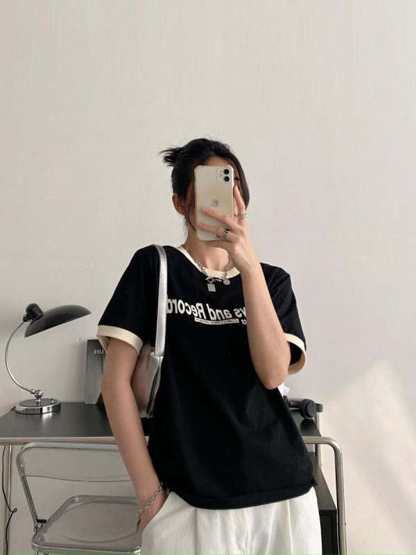 Summer Loose Fit Cotton T-Shirt for Women - Vintage Style Short Sleeve Top with Letter Print - Casual 90s Inspired Fashion