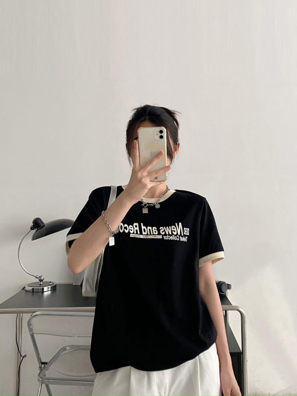 Summer Loose Fit Cotton T-Shirt for Women - Vintage Style Short Sleeve Top with Letter Print - Casual 90s Inspired Fashion