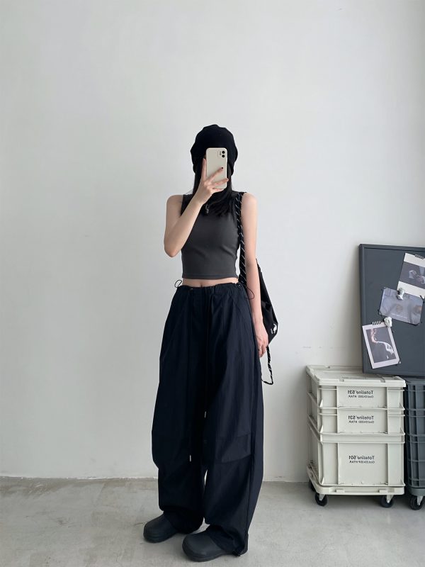 Summer Loose Low-Waist Drawstring Cargo Pants for Women - Spicy Girl Style Wide-Leg Pleated Parachute Pants