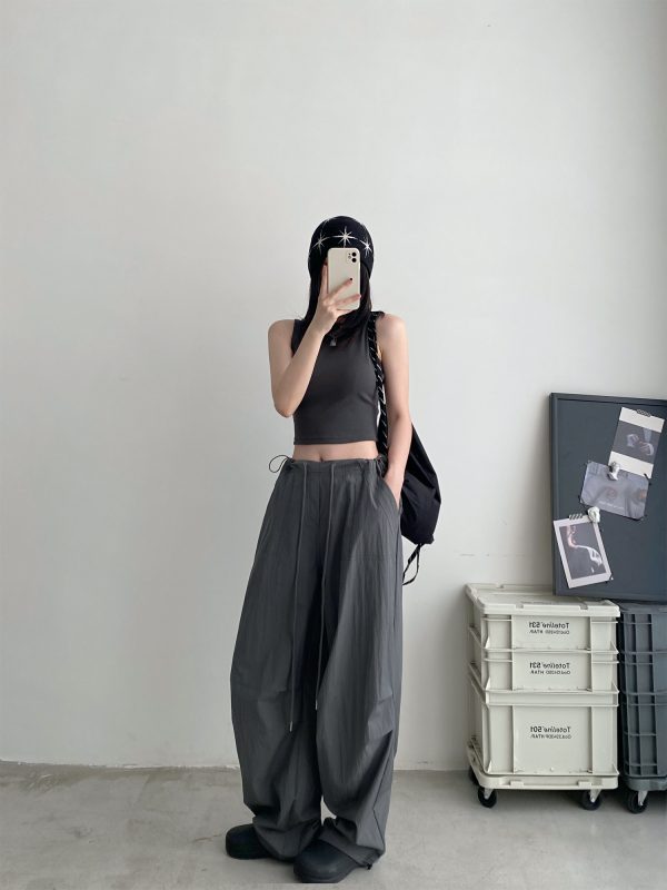 Summer Loose Low-Waist Drawstring Cargo Pants for Women - Spicy Girl Style Wide-Leg Pleated Parachute Pants