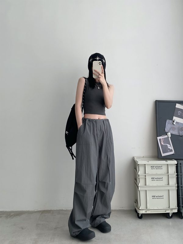Summer Loose Low-Waist Drawstring Cargo Pants for Women - Spicy Girl Style Wide-Leg Pleated Parachute Pants