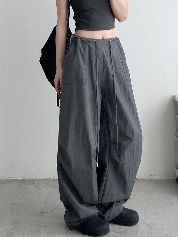 Summer Loose Low-Waist Drawstring Cargo Pants for Women - Spicy Girl Style Wide-Leg Pleated Parachute Pants