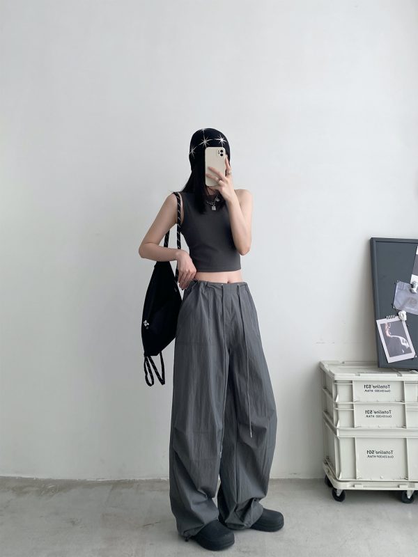 Summer Loose Low-Waist Drawstring Cargo Pants for Women - Spicy Girl Style Wide-Leg Pleated Parachute Pants