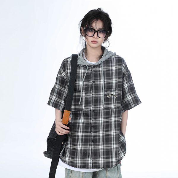 Summer Loose Plaid Hooded Short-Sleeve Shirt for Women - Casual Chic Style
