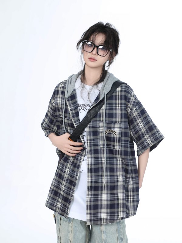 Summer Loose Plaid Hooded Short-Sleeve Shirt for Women - Casual Chic Style